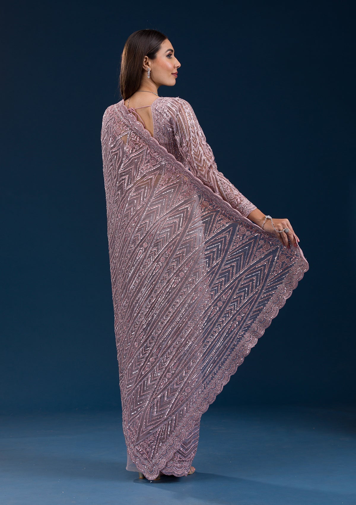 Onion Pink Sequins Net Saree