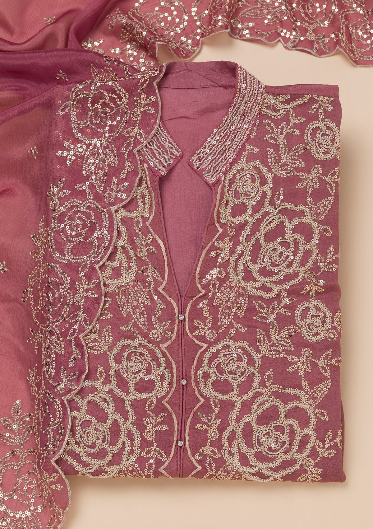 Onion Pink Sequins Semi Crepe Unstitched Salwar Suit