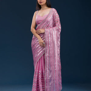 Onion Pink Sequins Semi Crepe Saree