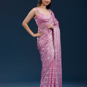 Onion Pink Sequins Semi Crepe Saree