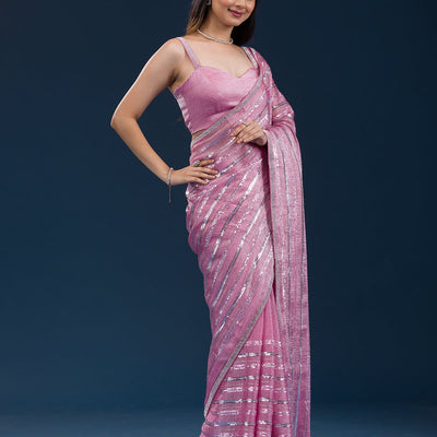 Onion Pink Sequins Semi Crepe Saree