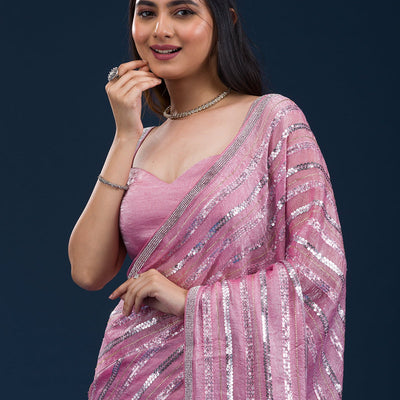 Onion Pink Sequins Semi Crepe Saree
