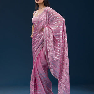 Onion Pink Sequins Semi Crepe Saree