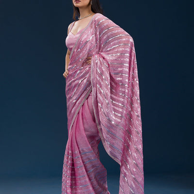 Onion Pink Sequins Semi Crepe Saree