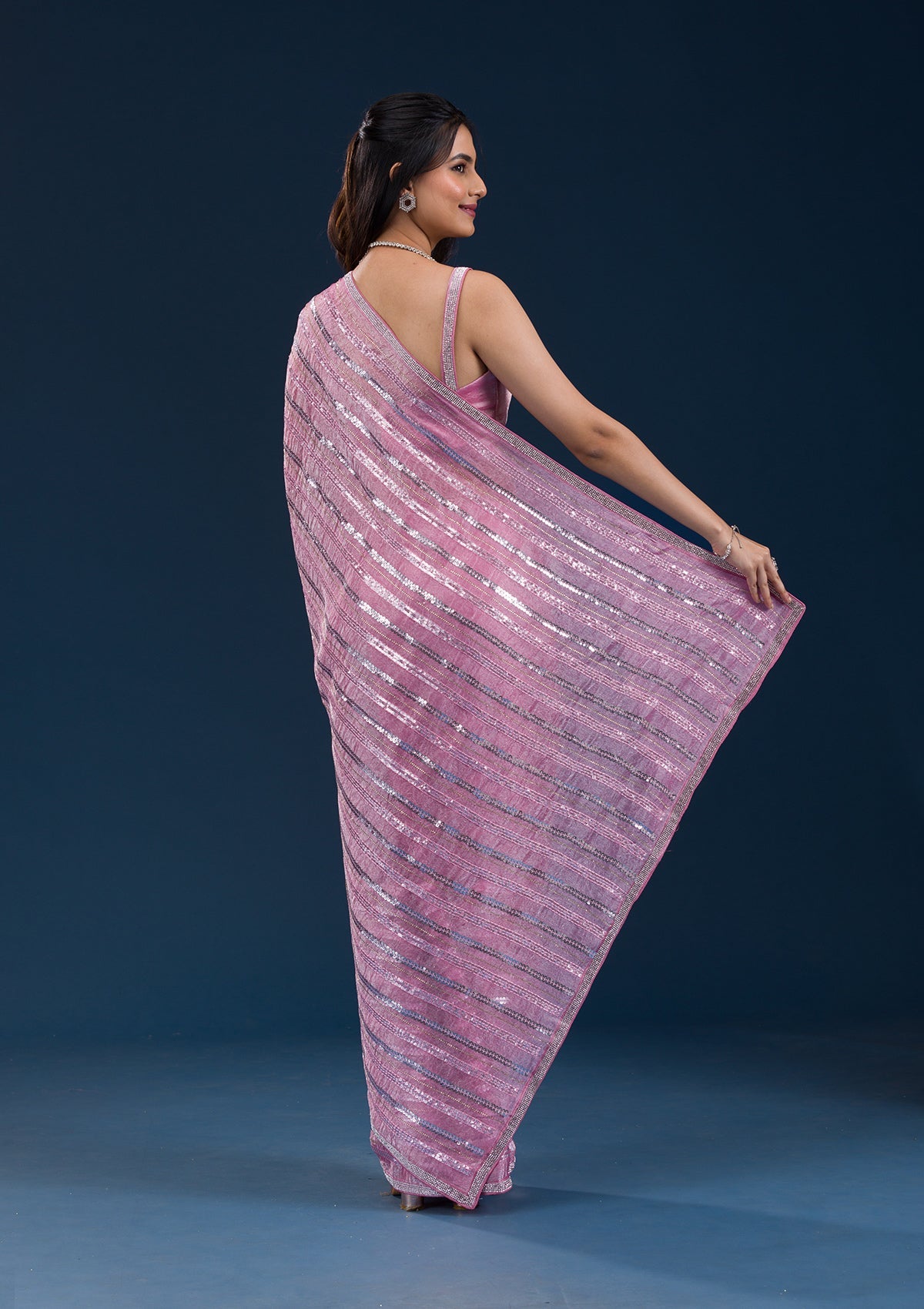 Onion Pink Sequins Semi Crepe Saree