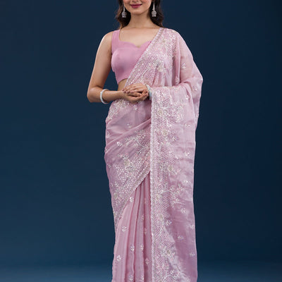 Onion Pink Sequins Tissue Saree
