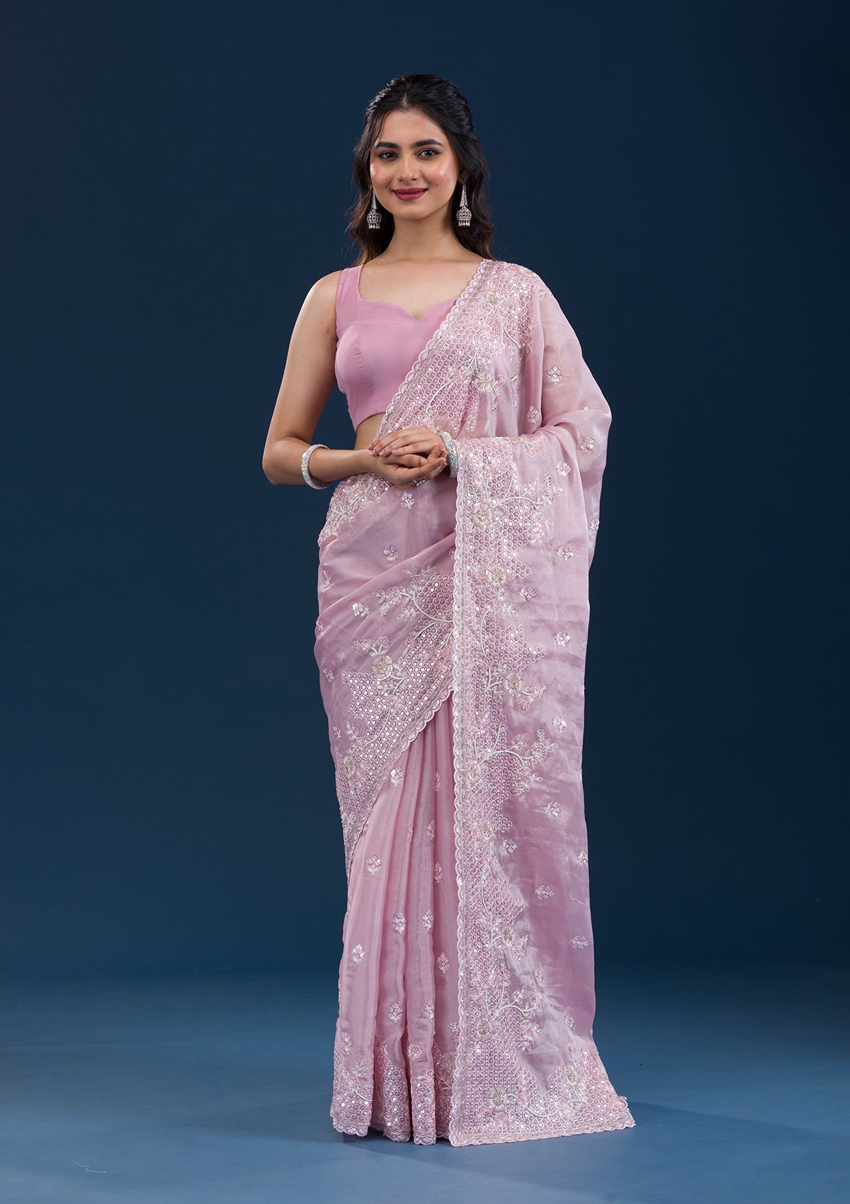 Onion Pink Sequins Tissue Saree