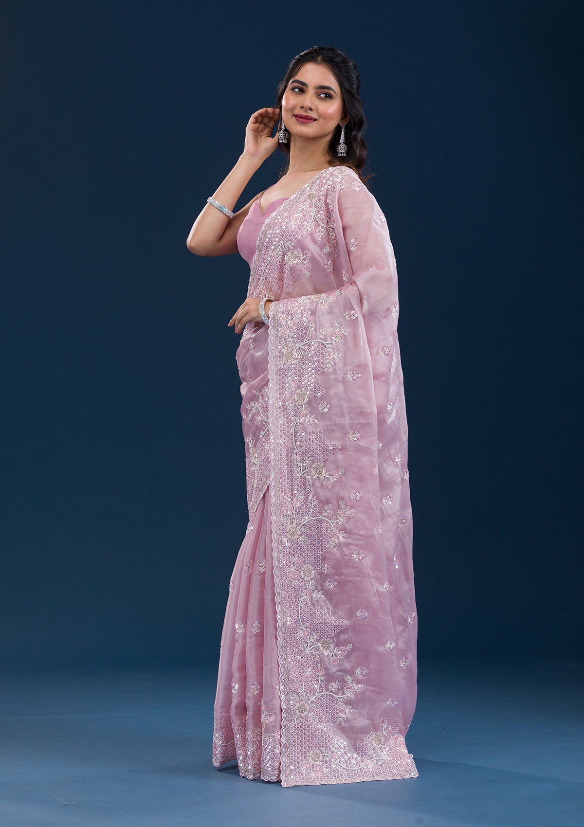 Onion Pink Sequins Tissue Saree