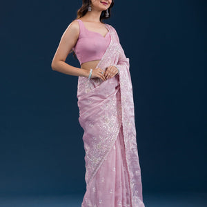 Onion Pink Sequins Tissue Saree