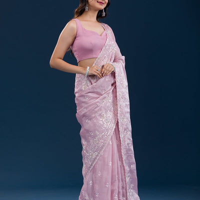 Onion Pink Sequins Tissue Saree