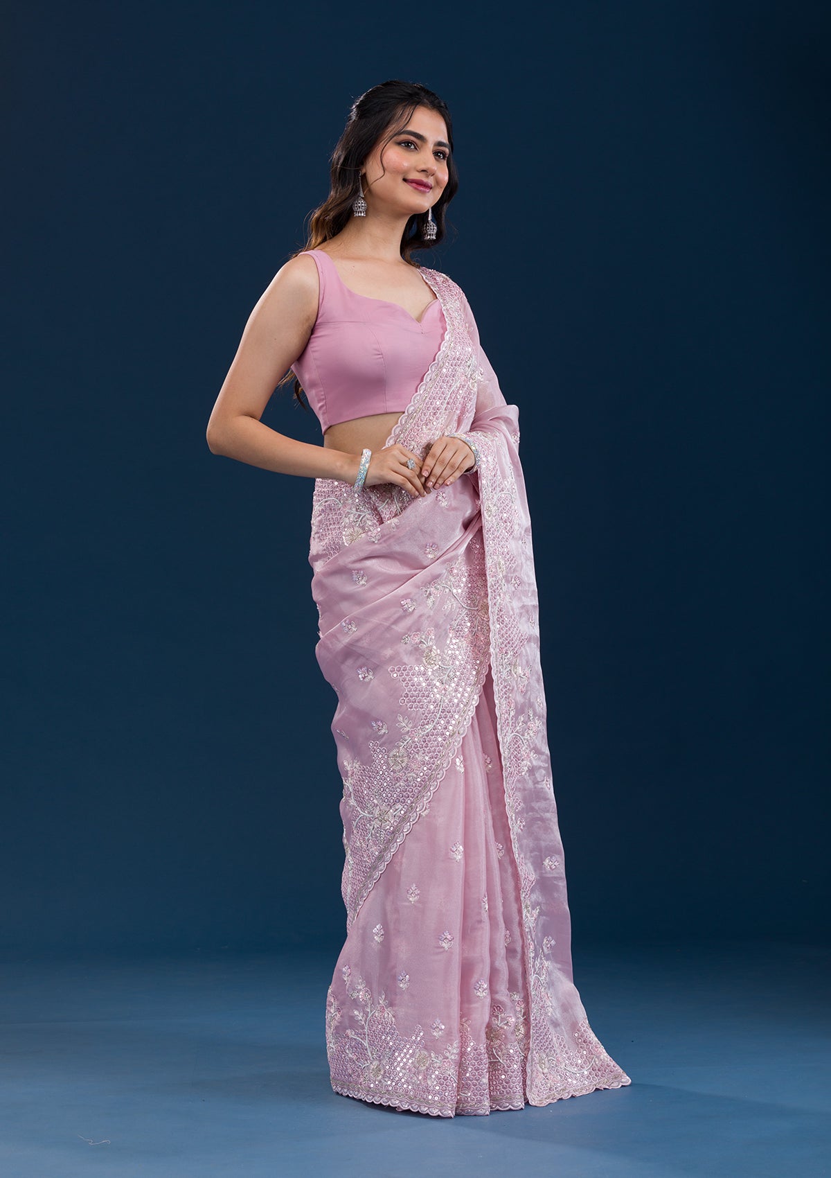 Onion Pink Sequins Tissue Saree