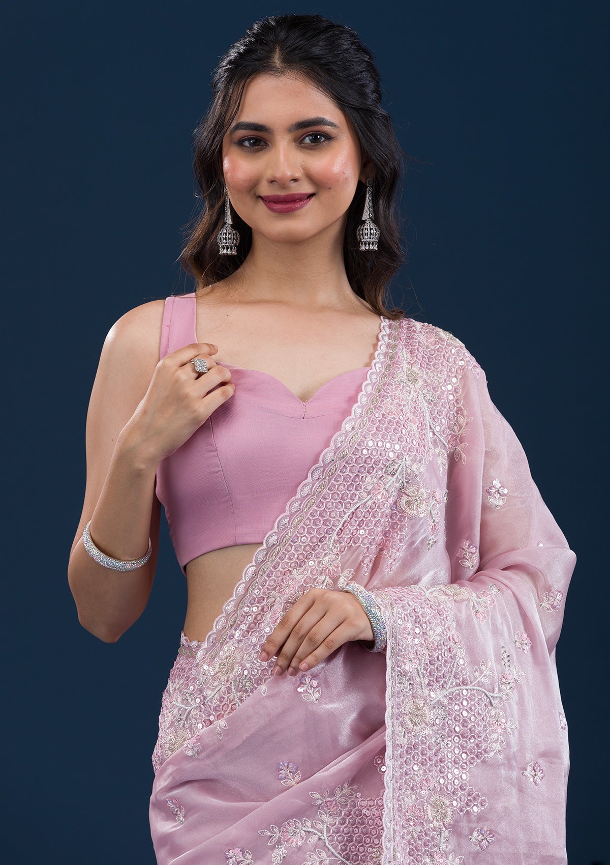 Onion Pink Sequins Tissue Saree