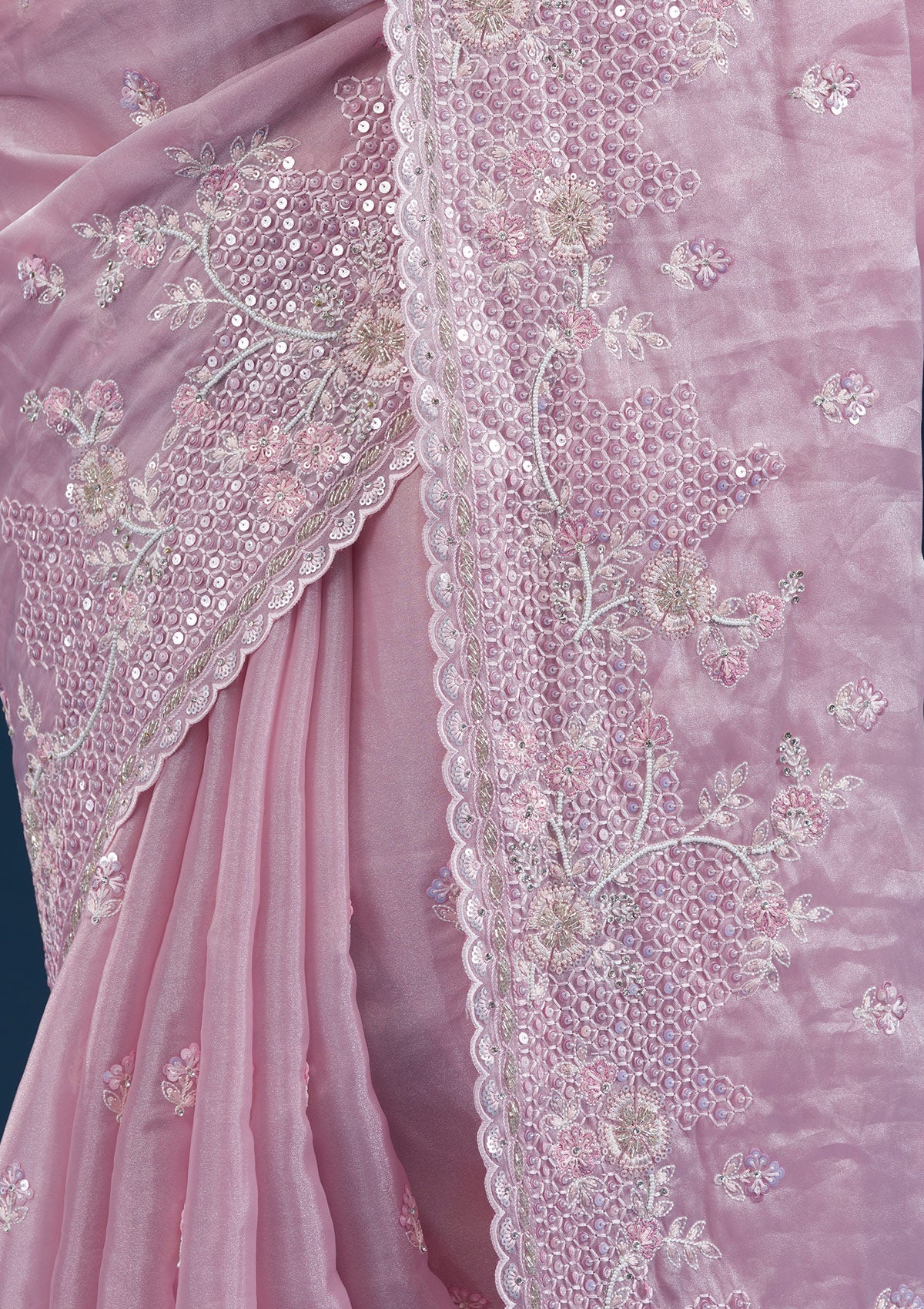 Onion Pink Sequins Tissue Saree