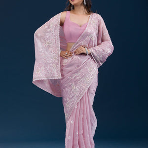 Onion Pink Sequins Tissue Saree