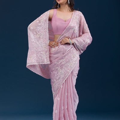 Onion Pink Sequins Tissue Saree