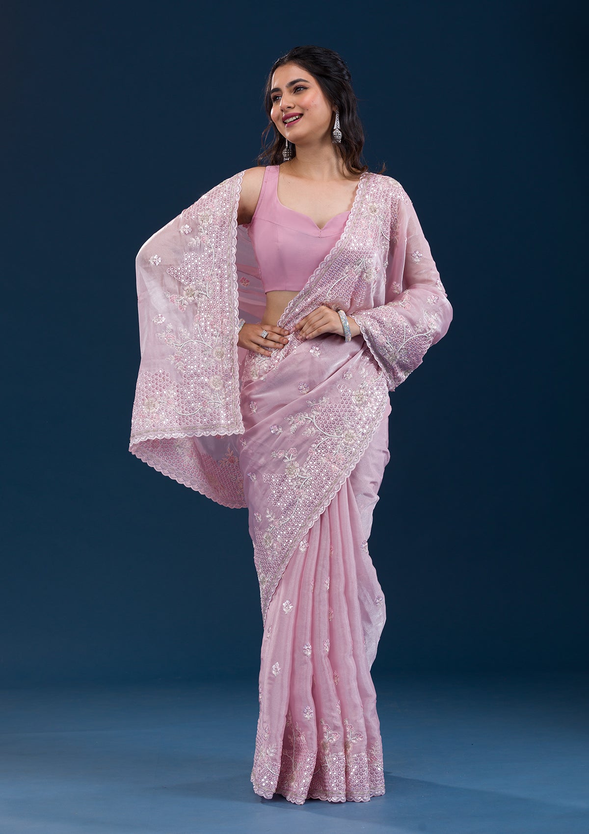 Onion Pink Sequins Tissue Saree