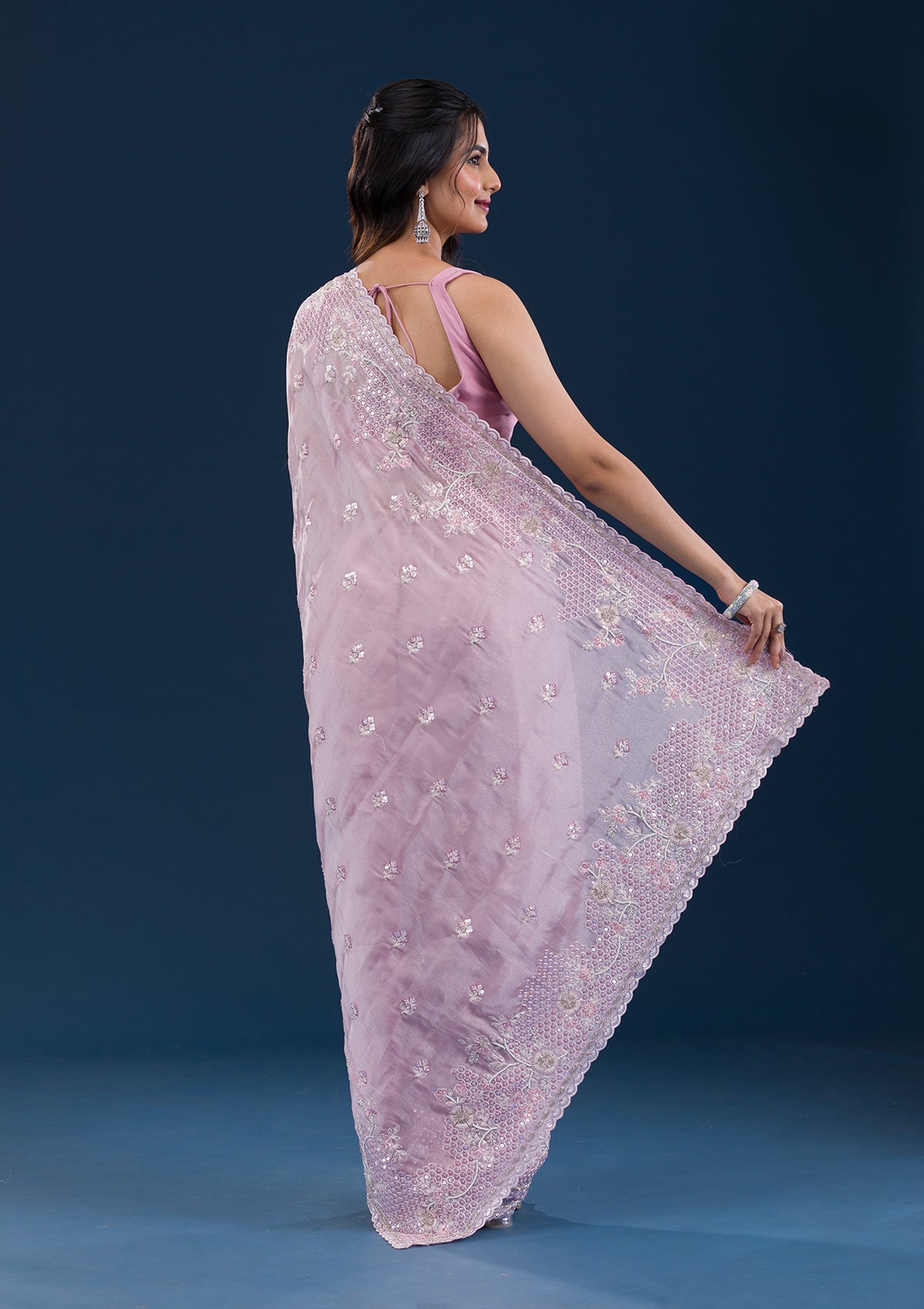 Onion Pink Sequins Tissue Saree