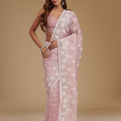 Onion Pink Sequins Tissue Saree