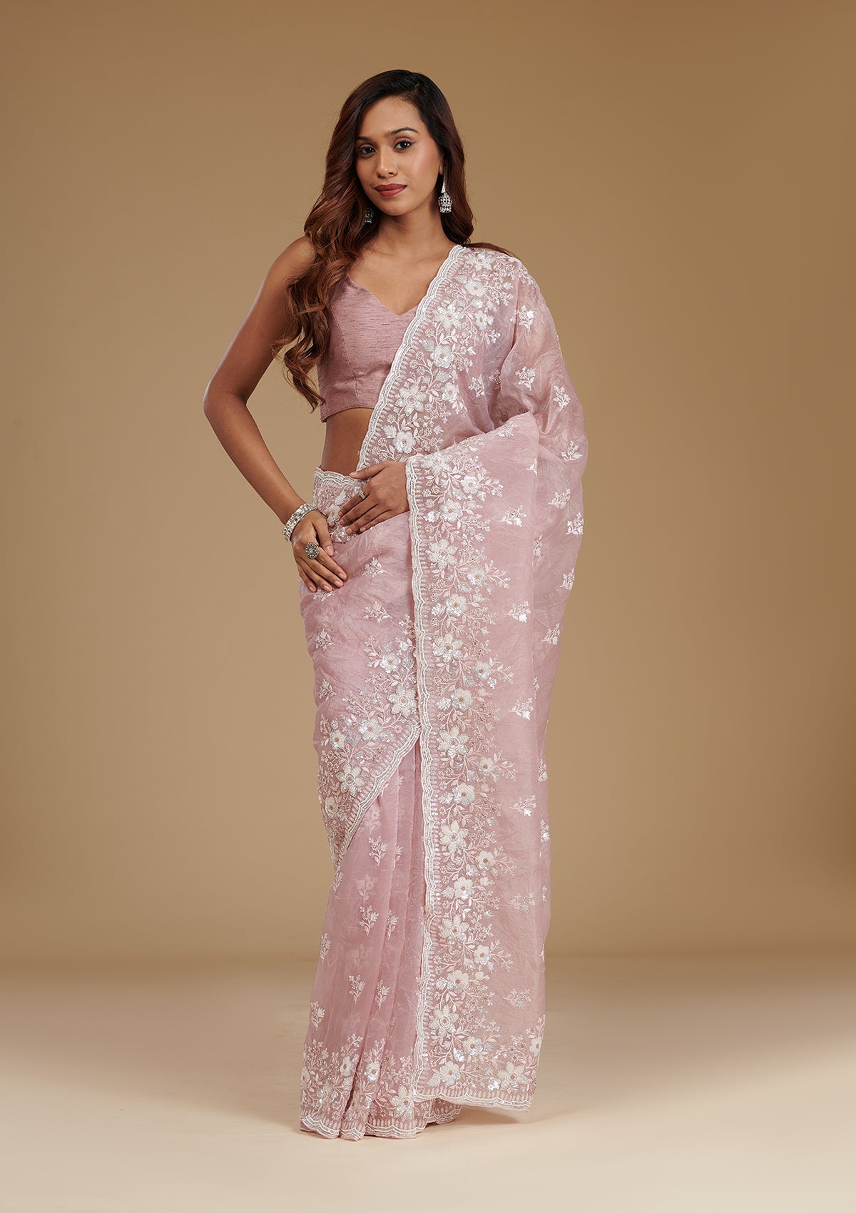 Onion Pink Sequins Tissue Saree