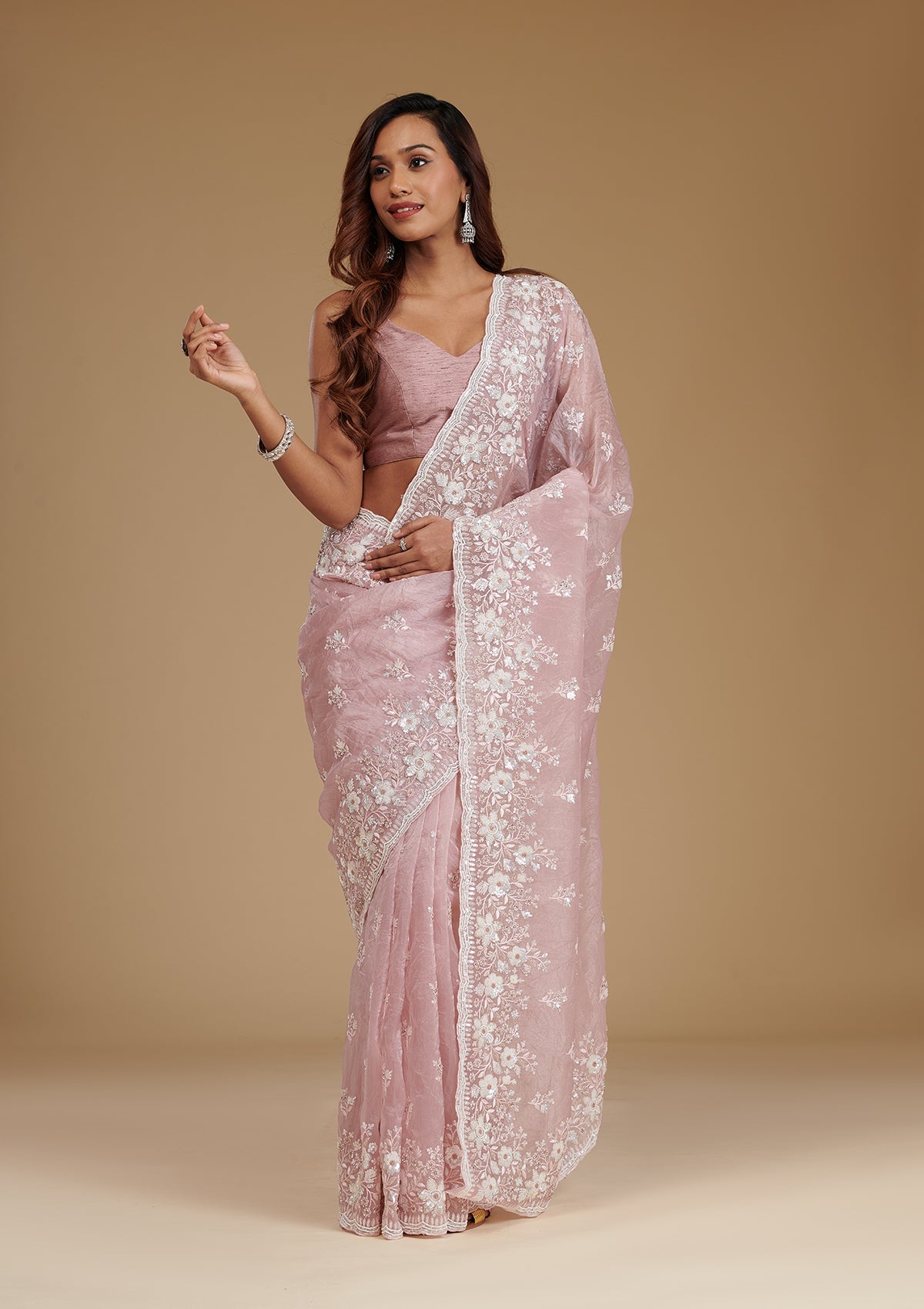 Onion Pink Sequins Tissue Saree