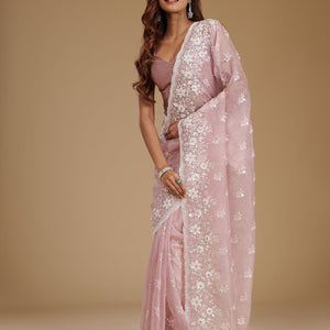 Onion Pink Sequins Tissue Saree