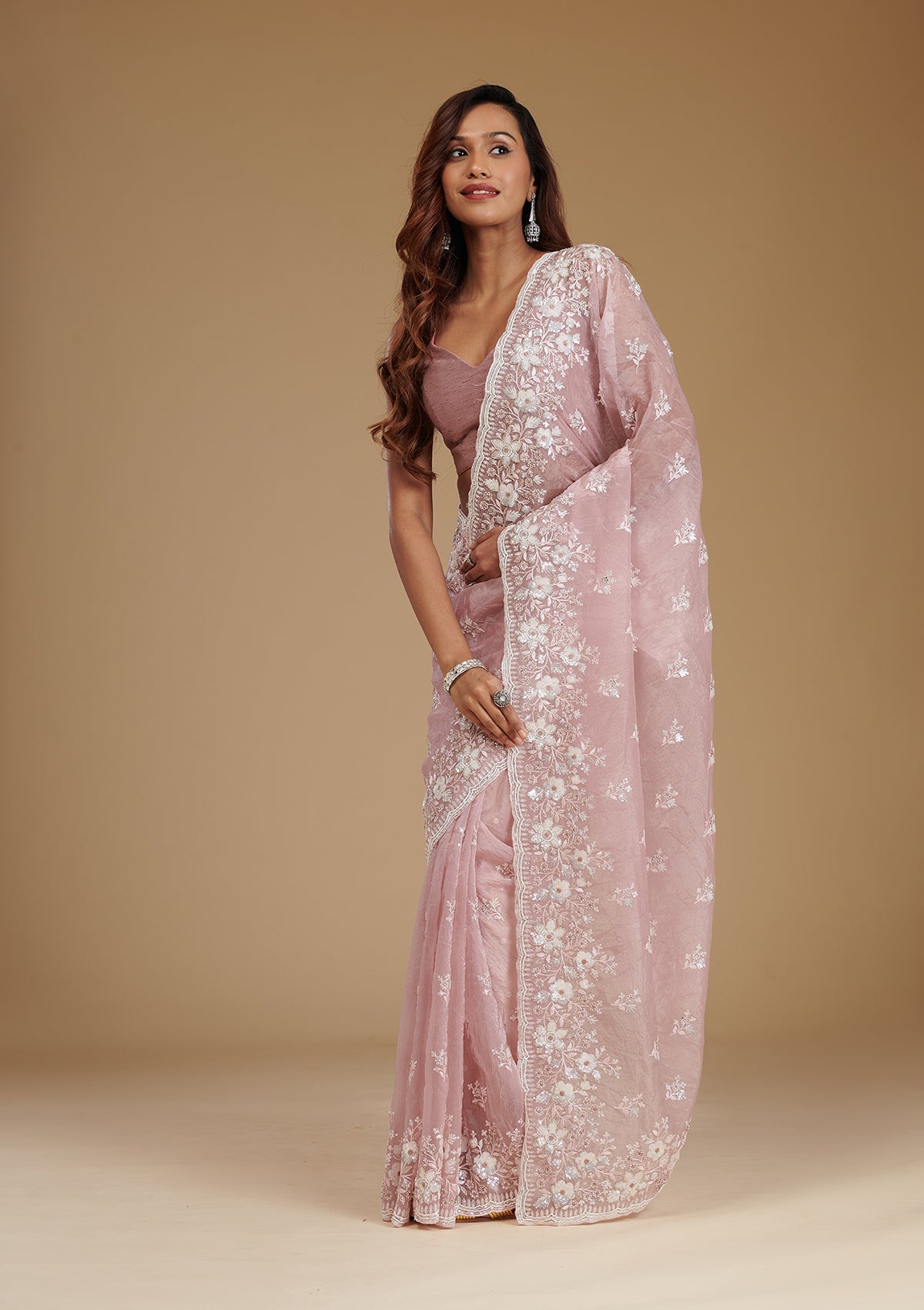 Onion Pink Sequins Tissue Saree