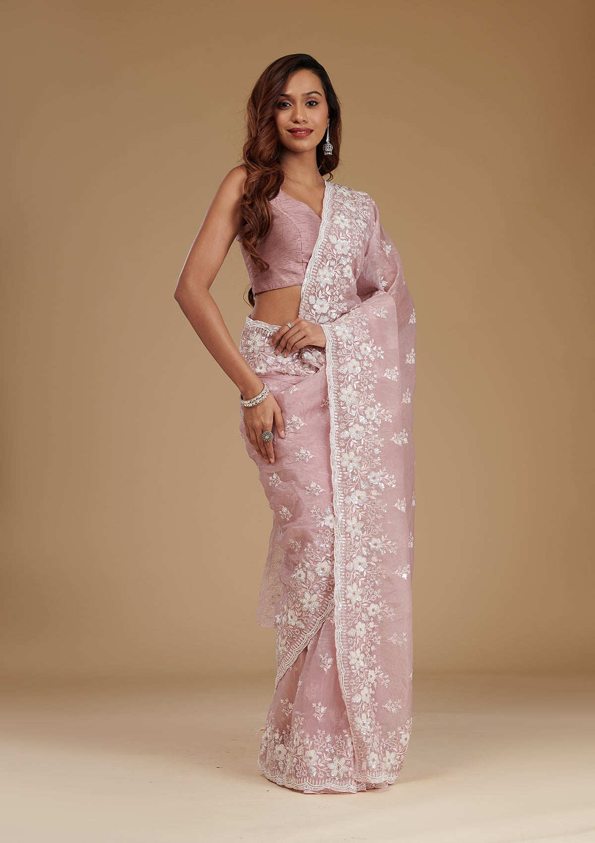 Onion Pink Sequins Tissue Saree