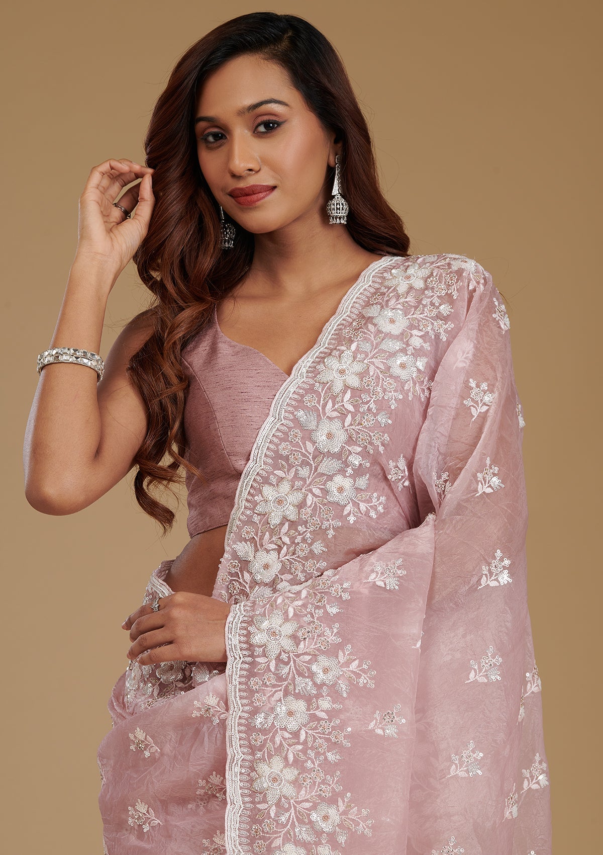 Onion Pink Sequins Tissue Saree