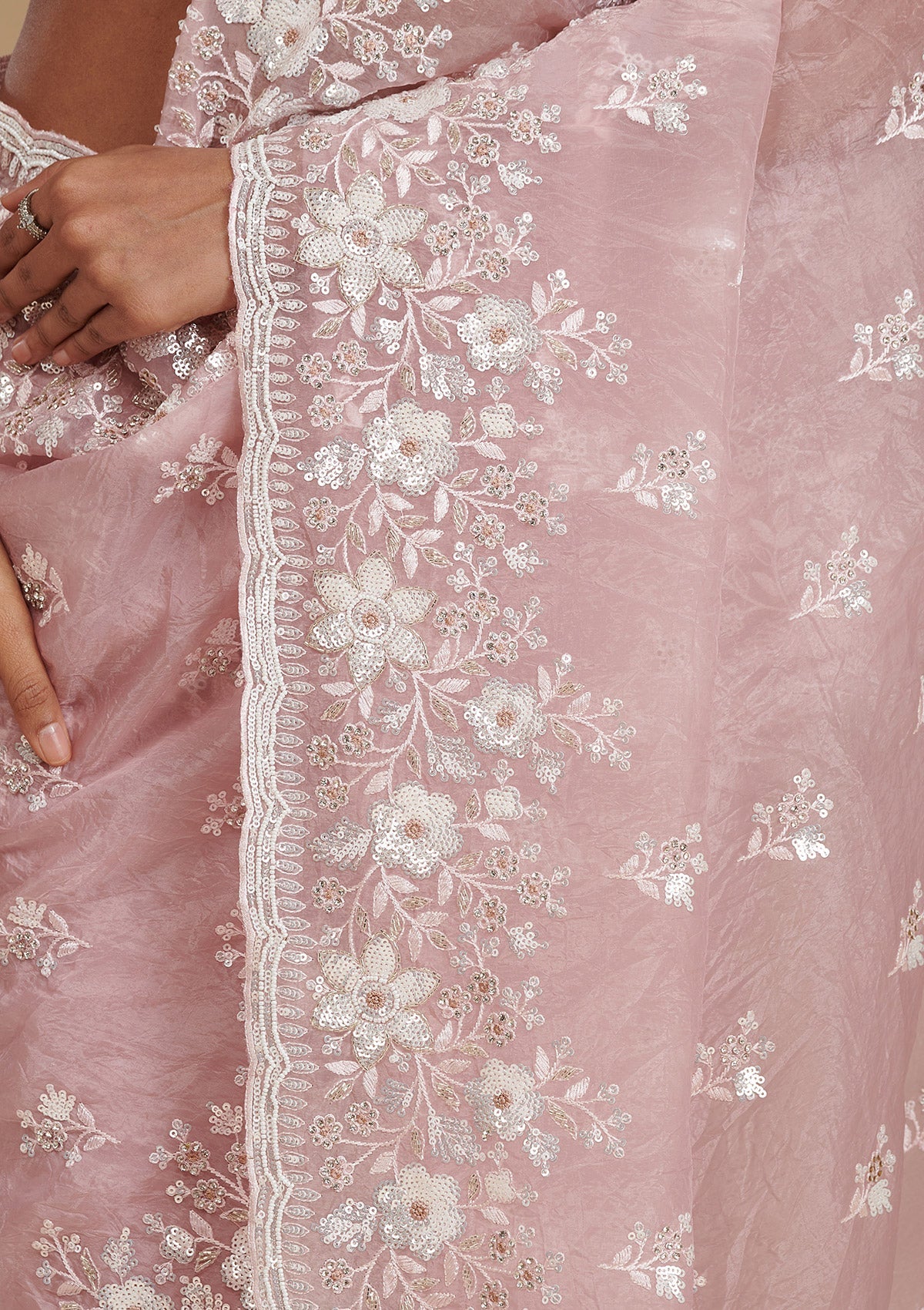 Onion Pink Sequins Tissue Saree