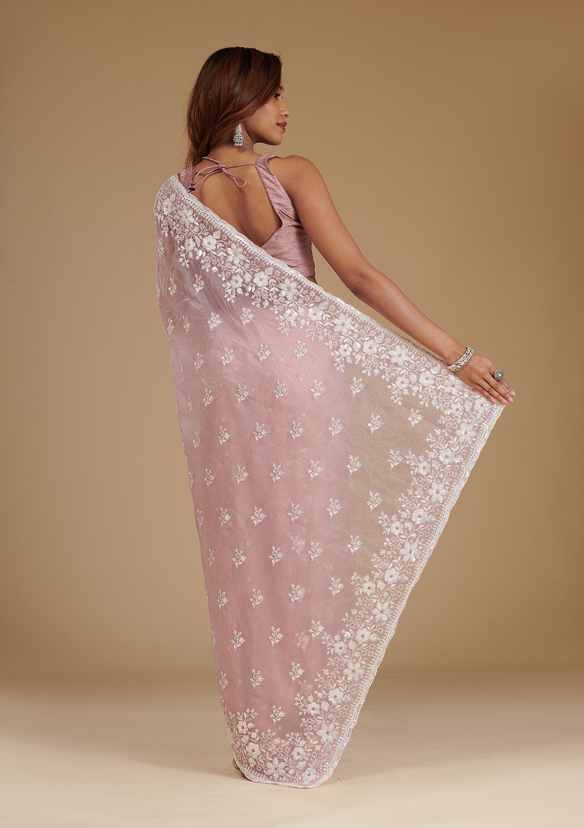 Onion Pink Sequins Tissue Saree