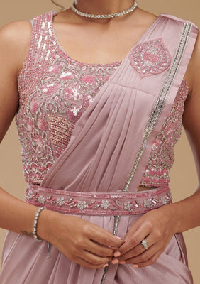 Onion Pink Stonework Chiffon Readymade Saree