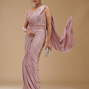 Onion Pink Stonework Chiffon Readymade Saree