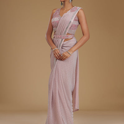 Onion Pink Stonework Satin Readymade Saree