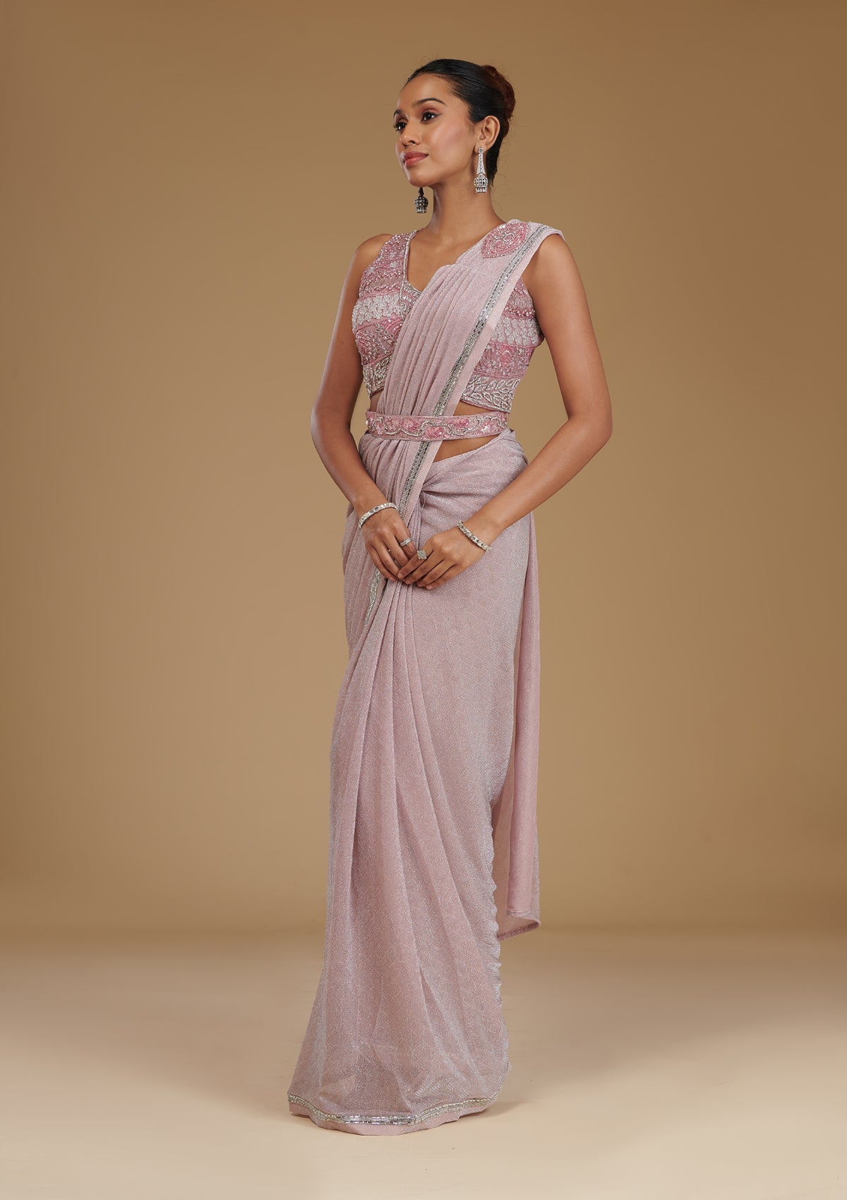 Onion Pink Stonework Satin Readymade Saree