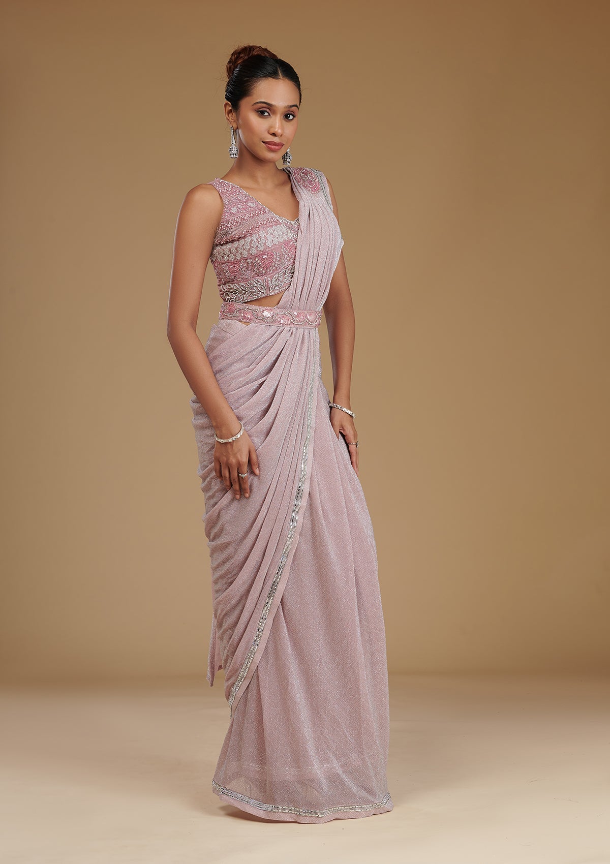 Onion Pink Stonework Satin Readymade Saree