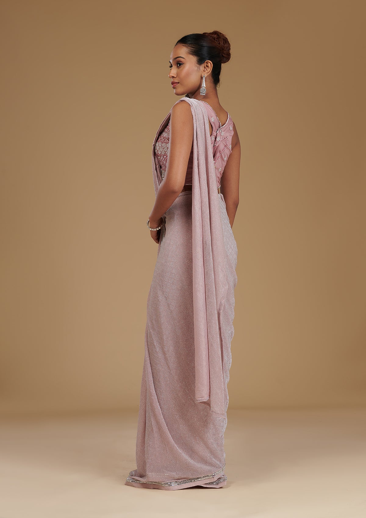 Onion Pink Stonework Satin Readymade Saree