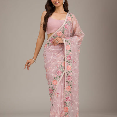 Onion Pink Threadwork Organza Saree