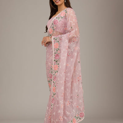 Onion Pink Threadwork Organza Saree
