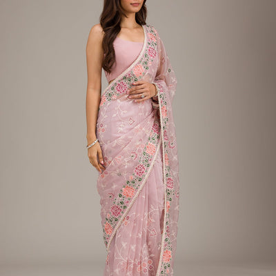 Onion Pink Threadwork Organza Saree