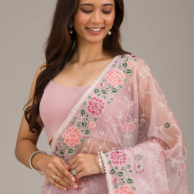 Onion Pink Threadwork Organza Saree