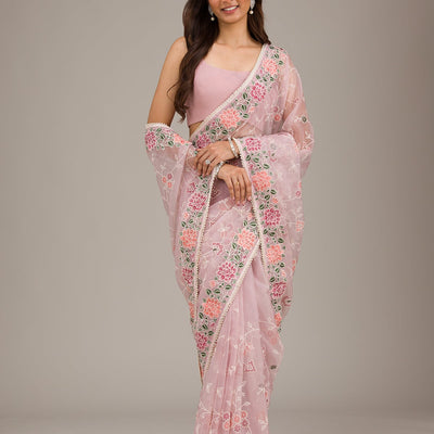 Onion Pink Threadwork Organza Saree