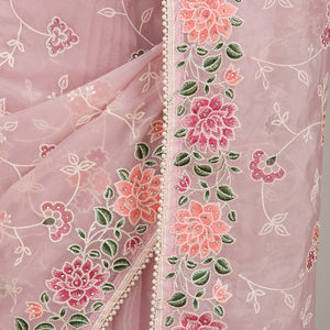 Onion Pink Threadwork Organza Saree