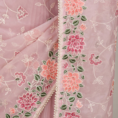 Onion Pink Threadwork Organza Saree