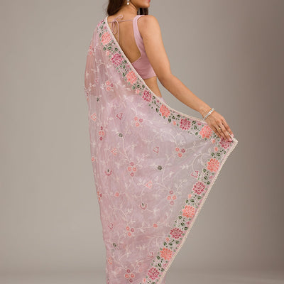 Onion Pink Threadwork Organza Saree