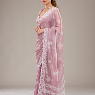 Onion Pink Threadwork Tissue Saree