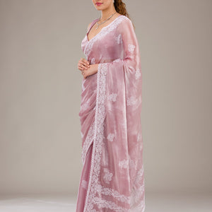 Onion Pink Threadwork Tissue Saree