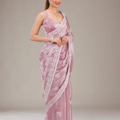 Onion Pink Threadwork Tissue Saree