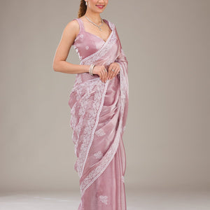 Onion Pink Threadwork Tissue Saree