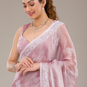 Onion Pink Threadwork Tissue Saree