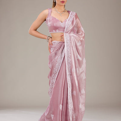 Onion Pink Threadwork Tissue Saree